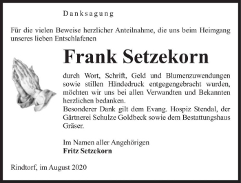 Traueranzeige von Frank Setzekorn  von Magdeburger Volksstimme