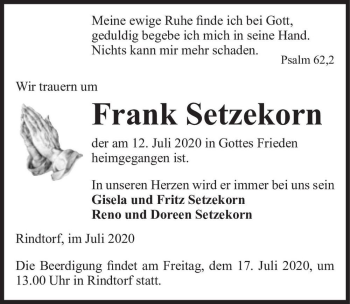 Traueranzeige von Frank Setzekorn  von Magdeburger Volksstimme
