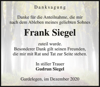 Traueranzeige von Frank Siegel  von Magdeburger Volksstimme
