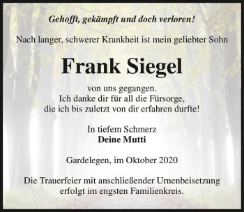 Traueranzeige von Frank Siegel  von Magdeburger Volksstimme