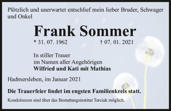 Traueranzeige von Frank Sommer  von Magdeburger Volksstimme