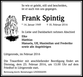 Traueranzeige von Frank Spintig  von Magdeburger Volksstimme
