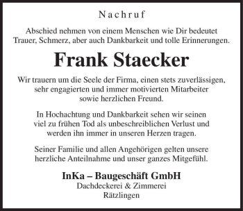 Traueranzeige von Frank Staecker  von Magdeburger Volksstimme