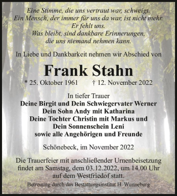 Traueranzeige von Frank Stahn  von Magdeburger Volksstimme