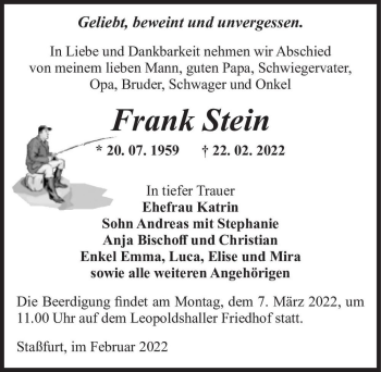Traueranzeige von Frank Stein  von Magdeburger Volksstimme