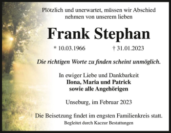 Traueranzeige von Frank Stephan  von Magdeburger Volksstimme