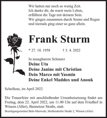 Traueranzeige von Frank Sturm  von Magdeburger Volksstimme