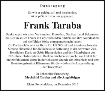 Traueranzeige von Frank Taraba  von Magdeburger Volksstimme