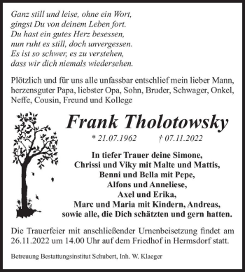 Traueranzeige von Frank Tholotowsky  von Magdeburger Volksstimme