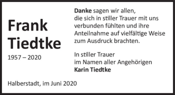 Traueranzeige von Frank Tiedtke  von Magdeburger Volksstimme