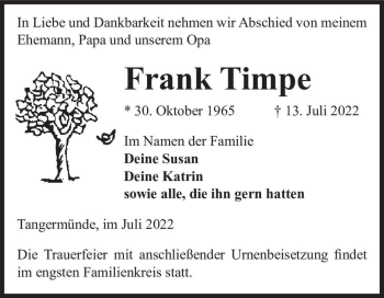 Traueranzeige von Frank Timpe  von Magdeburger Volksstimme