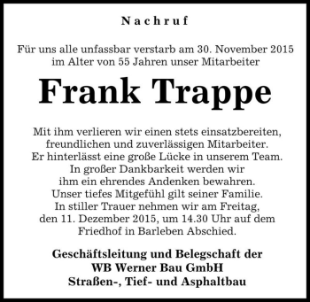 Traueranzeige von Frank Trappe  von Magdeburger Volksstimme