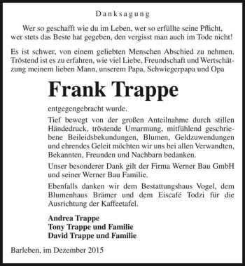 Traueranzeige von Frank Trappe  von Magdeburger Volksstimme