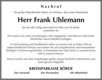 Traueranzeige von Frank Uhlemann  von Magdeburger Volksstimme