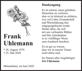 Traueranzeige von Frank Uhlemann  von Magdeburger Volksstimme