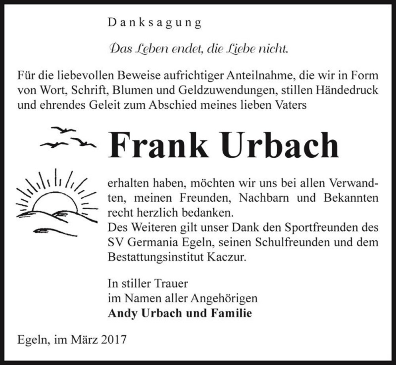  Traueranzeige für Frank Urbach  vom 29.03.2017 aus Magdeburger Volksstimme
