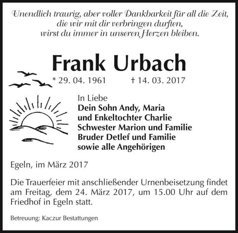  Traueranzeige für Frank Urbach  vom 18.03.2017 aus Magdeburger Volksstimme
