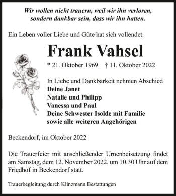 Traueranzeige von Frank Vahsel  von Magdeburger Volksstimme