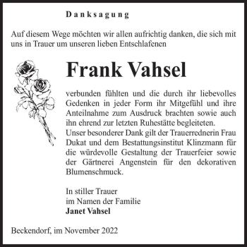 Traueranzeige von Frank Vahsel  von Magdeburger Volksstimme