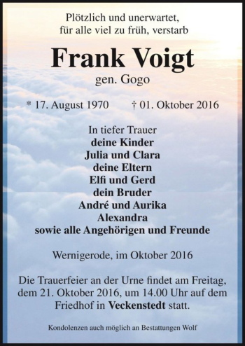 Traueranzeige von Frank Voigt (gen. Gogo)  von Magdeburger Volksstimme