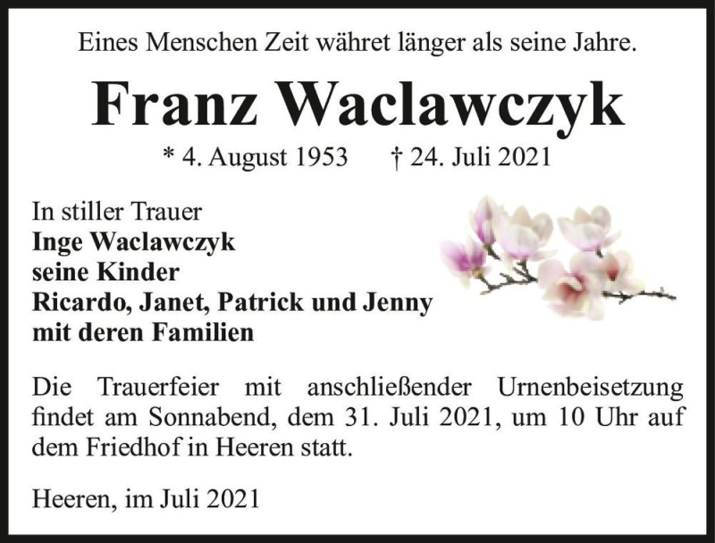  Traueranzeige für Frank Waclawczyk  vom 27.07.2021 aus Magdeburger Volksstimme