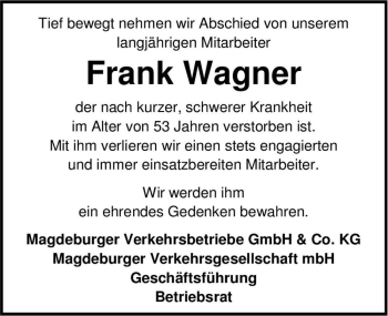 Traueranzeige von Frank Wagner  von Magdeburger Volksstimme