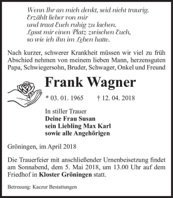 Traueranzeige von Frank Wagner  von Magdeburger Volksstimme