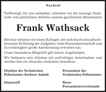 Traueranzeige von Frank Wathsack  von Magdeburger Volksstimme