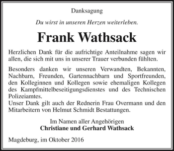 Traueranzeige von Frank Wathsack  von Magdeburger Volksstimme
