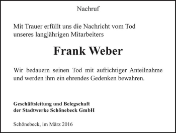 Traueranzeige von Frank Weber  von Magdeburger Volksstimme