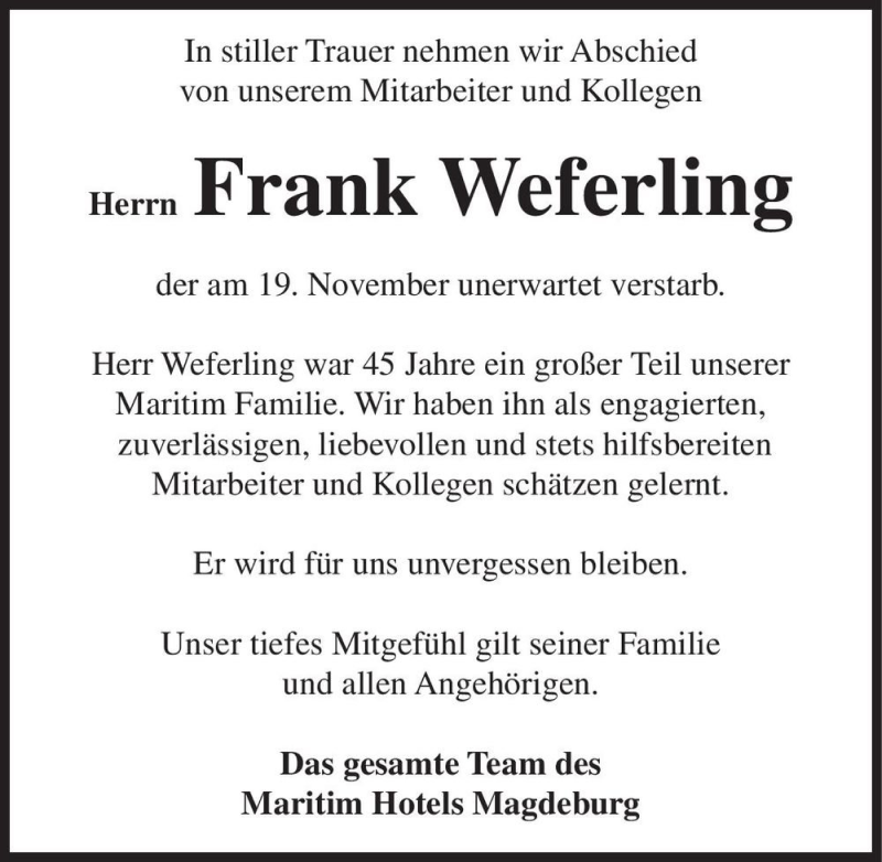  Traueranzeige für Frank Weferling  vom 30.11.2019 aus Magdeburger Volksstimme