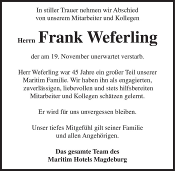 Traueranzeige von Frank Weferling  von Magdeburger Volksstimme