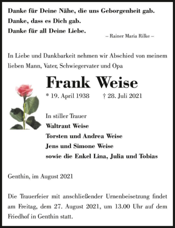 Traueranzeige von Frank Weise  von Magdeburger Volksstimme