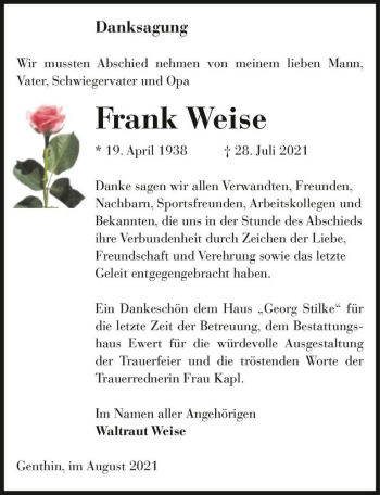 Traueranzeige von Frank Weise  von Magdeburger Volksstimme