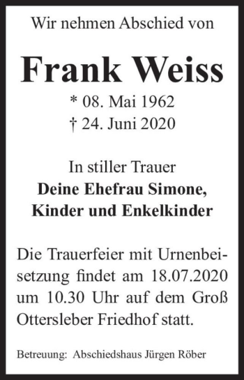 Traueranzeige von Frank Weiss  von Magdeburger Volksstimme