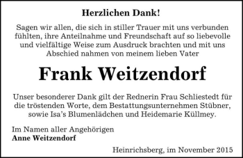 Traueranzeige von Frank Weitzendorf  von Magdeburger Volksstimme