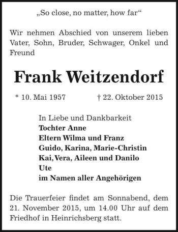 Traueranzeige von Frank Weitzendorf  von Magdeburger Volksstimme