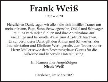 Traueranzeige von Frank Weiß  von Magdeburger Volksstimme
