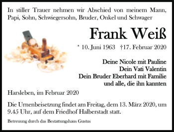 Traueranzeige von Frank Weiß  von Magdeburger Volksstimme