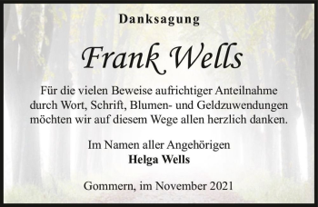 Traueranzeige von Frank Wells  von Magdeburger Volksstimme