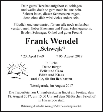 Traueranzeige von Frank Wendel 