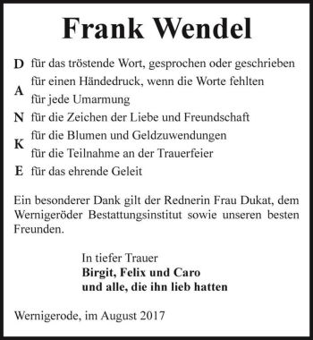 Traueranzeige von Frank Wendel  von Magdeburger Volksstimme