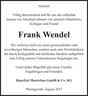 Traueranzeige von Frank Wendel  von Magdeburger Volksstimme