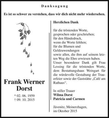 Traueranzeige von Frank Werner Dorst  von Magdeburger Volksstimme