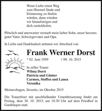 Traueranzeige von Frank Werner Dorst  von Magdeburger Volksstimme