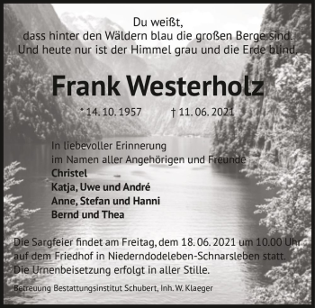 Traueranzeige von Frank Westerholz  von Magdeburger Volksstimme