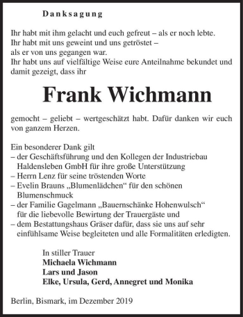 Traueranzeige von Frank Wichmann  von Magdeburger Volksstimme