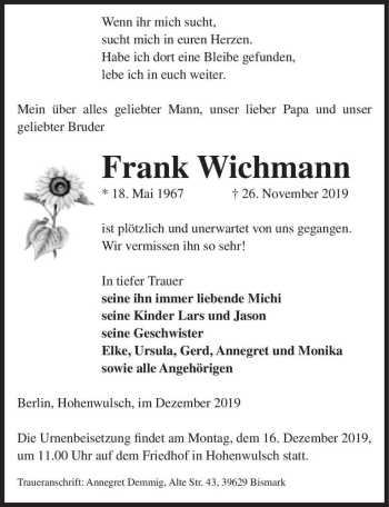 Traueranzeige von Frank Wichmann  von Magdeburger Volksstimme