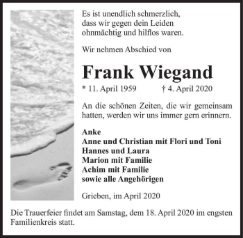 Traueranzeige von Frank Wiegand  von Magdeburger Volksstimme