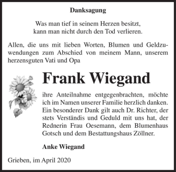 Traueranzeige von Frank Wiegand  von Magdeburger Volksstimme